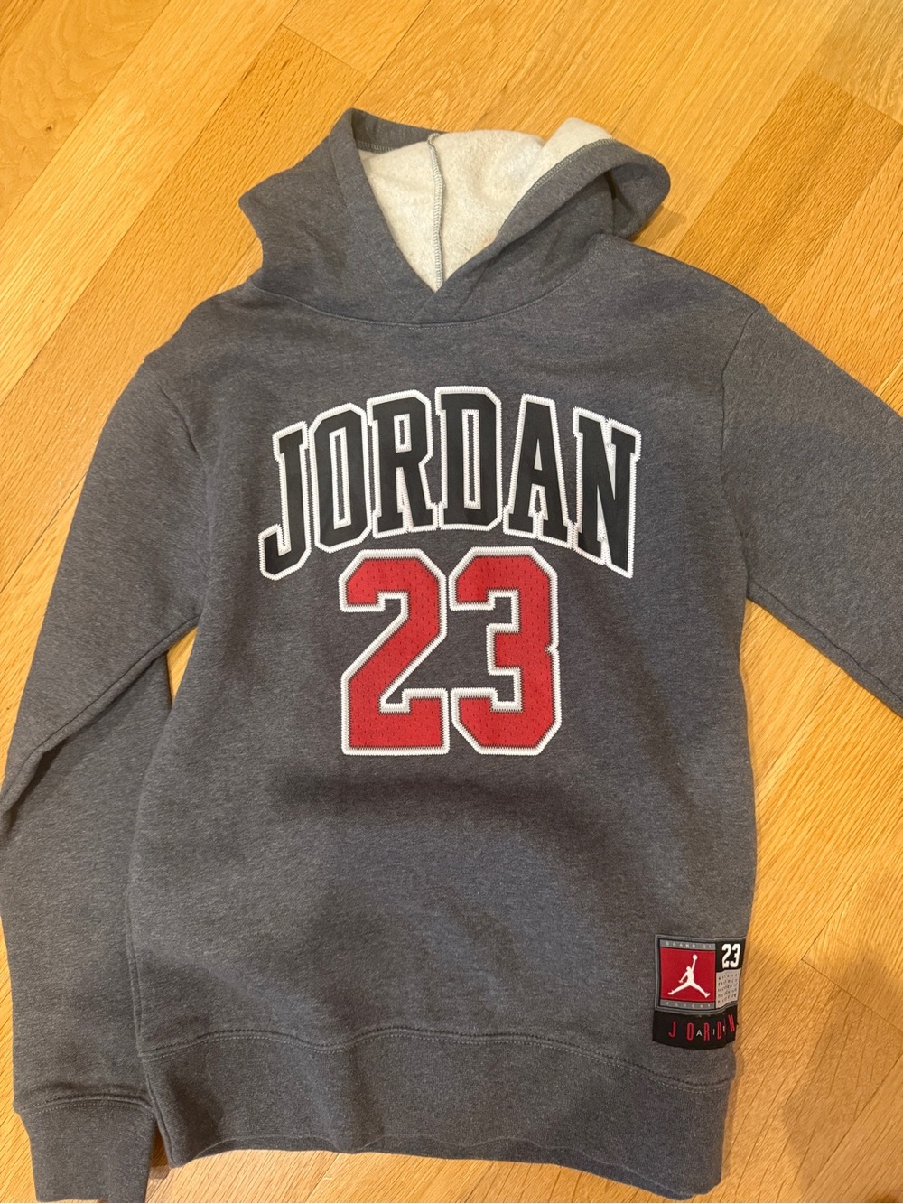 Jordan Gray Kids Pullover Hoodie with Red 23 Graphic